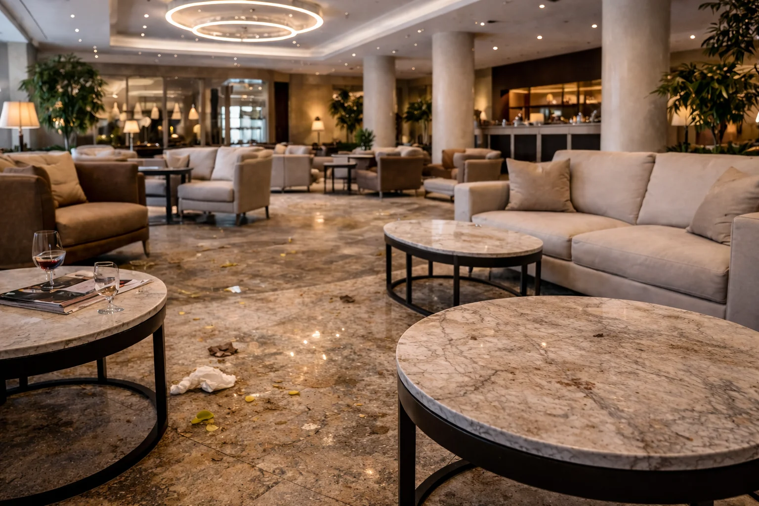 zona lobby de hotel antes de limpiar